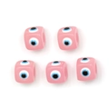 Macro detail of square pink resin evil eye beads for DIY necklace and jewelry making - Evil Eye Style (TEY6108PK00) / 5 Pieces / Pink