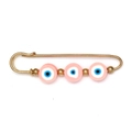 Golden safety pin brooch featuring three pink evil eye clay beads and metallic spacers - Pink Style(BE1734PK00)