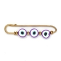 Golden safety pin brooch featuring three purple evil eye beads and metal spacers - Purple Style(BE1734PU00)
