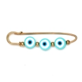 Golden safety pin brooch with light blue Evil Eye beads and small gold spacers - Light Blue Style(BE1734LBU00)