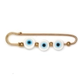 Golden safety pin brooch featuring blue evil eye beads with polished spacer beads - White Style(BE1734WH00)