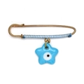 Gold safety pin brooch with light blue thread and sky blue evil eye star charm - Light Blue Star Pendant (BE1748LBU03)
