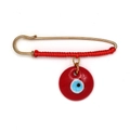 Red woven evil eye safety pin brooch with golden metal finish and glass charm - Red Round Pendant (BE1748RD02)