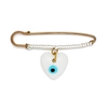 Handcrafted Evil Eye heart brooch with white woven thread on a golden safety pin base - White Heart Pendant (BE1748WH01)