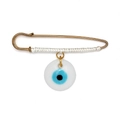 Golden safety pin brooch with white braided rope and blue Nazar evil eye pendant charm - White Round Pendant (BE1748WH02)