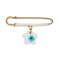 Gold-tone safety pin brooch with white braided rope and blue evil eye star charm - White Star Pendant (BE1748WH03)