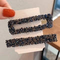 Set of two vintage hair clips featuring blue and grey rhinestones on a white card display - Rectangular Hollow And Strip Style (AB-170) / Mystic Blue