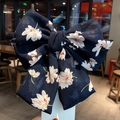 Elegant large navy blue floral chiffon bow hair clip for women on display card - Navy Black
