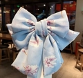 Light blue floral chiffon bow hair clip with elegant streamers for women hair styling - Blue