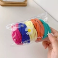 Rainbow elastic hair ties set in a transparent daisy print zipper bag packaging - Navy Blue Mix