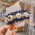Elegante fermaglio per capelli in tweed con perle bianche, cristalli e rosa dorata blu - Blu