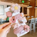 Detailed set of 7 girls hair clips featuring pink plush bears, rabbits and flowers - Korean Pink