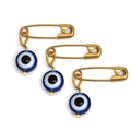Close-up of golden stainless steel pins with blue evil eye beaded charms in a 3-piece set - Blue (BE1604BU01)
