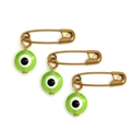Close-up of golden safety pins with light green evil eye beads and black pupils - Green (BE1604GN01)