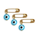 Close-up of golden stainless steel safety pins with blue glass Evil Eye bead charms - Light Blue (BE1604LBU01)