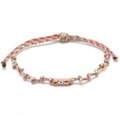 Detailed shot of multi-color woven bracelet with a pink enamel Evil Eye hexagonal bead - Rainbow Mix (BE2014PKGD)