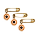 Detail of three gold safety pins with orange evil eye bead charms on white backdrop - Orange (BE1604OR01)