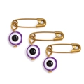 Detalle de broches de imperdibles dorados con cuentas de ojo turco moradas en fondo blanco - Púrpura (BE1604PU01)