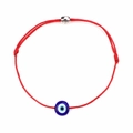Red braided rope bracelet with blue evil eye ceramic bead and adjustable silver accent charm - Red