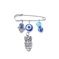 Hamsa Hand und böser Blick Pin Brosche mit Eule Anhänger und blauen Perlen auf Silber - Eule 2 Stil (EY1246BU05)