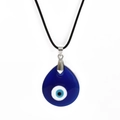 Classic blue glass evil eye pendant necklace with black wax cord on white background - Teardrop Blue Eye (BE106BU01)
