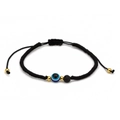 Nahaufnahme von gewebtem Armband mit blauem Auge des Bösen und schwarzen Vulkansteinen - Schwarz