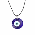 Classic Evil Eye glass pendant necklace with dark blue round charm and black wax cord - Round Blue Eye (EY1547BU00)