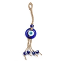 Detailansicht des türkischen blauen Evil Eye Glasanhängers mit Hanfseil und kleinen Perlen - Große Mittelscheibe Mit Vier Mini-Augenperlen Stil (BE259BU02)