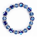 Bracelet élastique en perles de cristal bleu avec charmes mauvais œil et strass argent - Intercalaires en Strass Facetté Bleu Clair Profond (EY5226BU01)