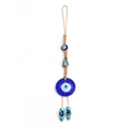 Blue glass Evil Eye hanging ornament with brown braided cord for wall or car decor - Double Strand Tassel Style (NB205BU)
