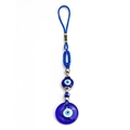 Blauw Turks boze oog wanddecoratie ornament met glazen kraal en geweven koord - Enkele Grote Oog Ronde Hanger (BE152BU02)