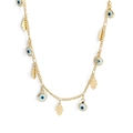 Collana dorata con occhio di Allah alternata a ciondoli Mano di Fatima e perle - Stile Mano di Fatima e Occhio del Diavolo (BE477GD01)