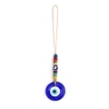 Handgefertigter Evil Eye Anhänger aus blauem Glas mit bunten Perlen an brauner Kordel - Blauer Glasanhänger mit bunten Perlen (BE442BU00)