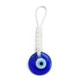 Close-up of Turkish Evil Eye glass charm with detailed white braided cord on white background - White Woven Rope (BE719BU06)