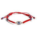 Detail of red braided Evil Eye bracelet with golden rhinestone eye charm and adjustable cord - Gold Eye Frame Style (BE520RD02)