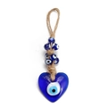 Close-up of heart-shaped evil eye pendant with blue resin beads and rustic hemp rope - Heart Multi-Bead Style (BE802BU02)