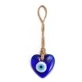 Handmade blue glass heart evil eye pendant with natural jute rope on white background - Heart Glass Style (BE804BU02)