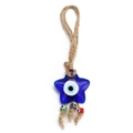 Star-shaped blue evil eye glass charm with jute rope and colorful dangling beads - Star Tassel Style (BE805BU01)