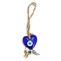 Detailed view of handmade Evil Eye pendant with blue glass heart and colorful beads - Heart Tassel Style (BE805BU02)