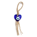 Blue heart-shaped evil eye glass pendant with natural jute rope and tassel detail - Heart Long Tassel Style (BE806BU01)