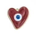 Detailed macro view of burgundy heart enamel pendant with evil eye design and gold trim - Dark Red (RD00)