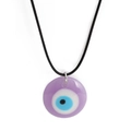 Detail of a purple round evil eye resin pendant necklace with a minimalist black cord - Purple (Round 3)