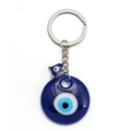 Close-up of blue Nazar Evil Eye glass charm with silver metal keychain and heart pendant - Dark Blue Round Eye and Heart Pendant (BE1227BU04)