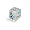 Detail of faceted glass cube bead featuring a blue evil eye motif for DIY jewelry making - Green Cube Style (BE1205GN00)