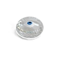 Macro shot of a faceted transparent bead featuring a blue Evil Eye Nazar amulet design - White Faceted Round Bead Style (BE1206WH00)