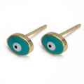 Ethnic style turquoise evil eye stud earrings with a polished gold finish and enamel - Cyan Oval Style (BE568LBU00)