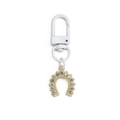 Detailed view of golden horseshoe keychain featuring sparkling white rhinestones inlay - White Hook Rhinestone Horseshoe Style (BE1273WH02)