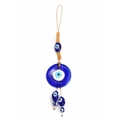 Handmade Evil Eye glass charm with light brown woven cord and tassel for luck - Blue Center Large Disk Handmade Style (BE446BU00)
