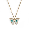 Golden alloy butterfly pendant necklace with white evil eye pattern on a plain background - Butterfly Shape (BE1249GD01)
