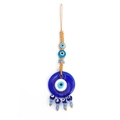 Blue glass evil eye charm with beige braided rope and bead tassels for car decor - Dark Blue Glass Disk Tassel Style (BE448BU00)